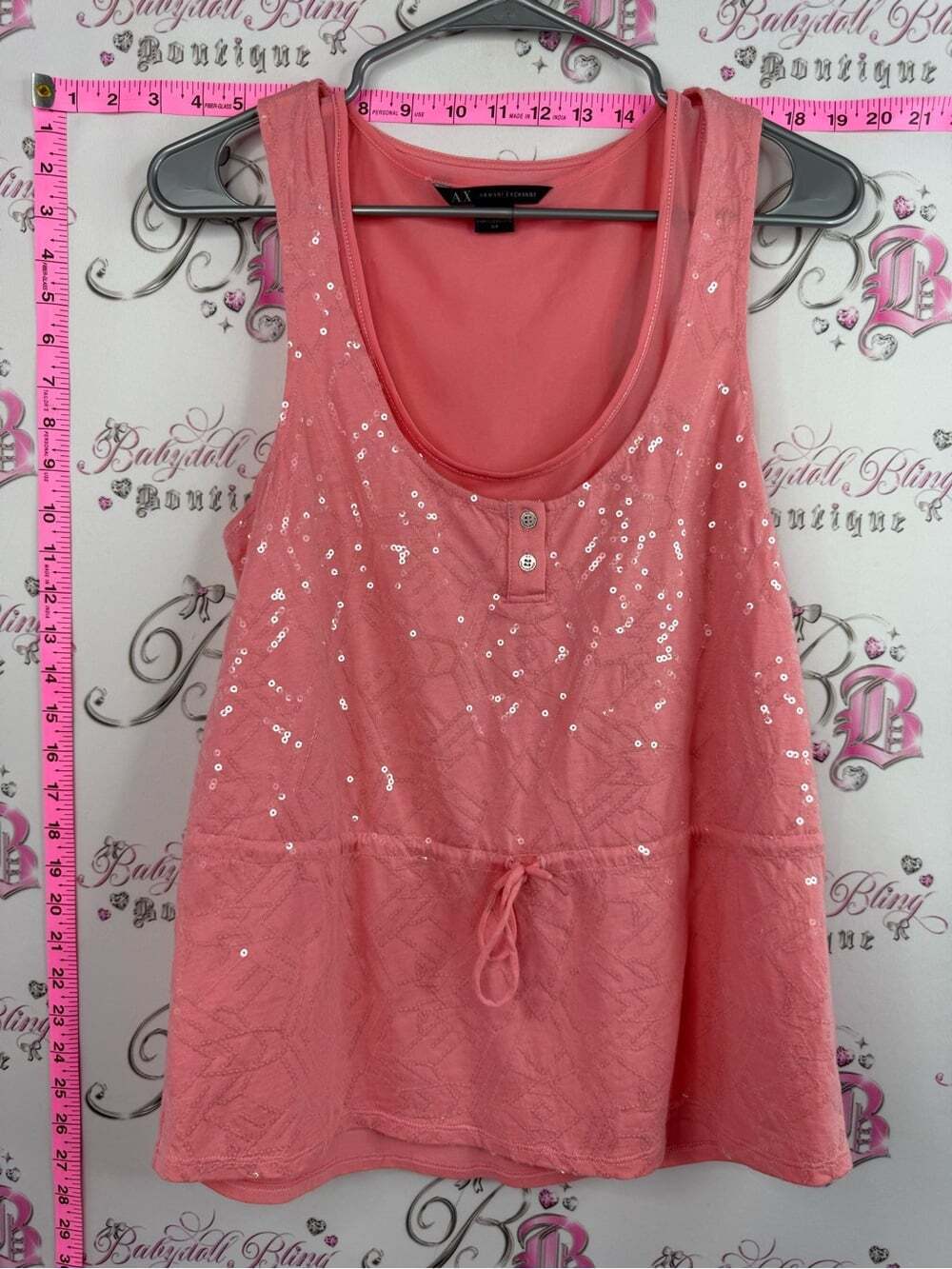 Armani Exchange tank top sparkly tie up waist Coral Pink Sequin Scoop Neck Tank